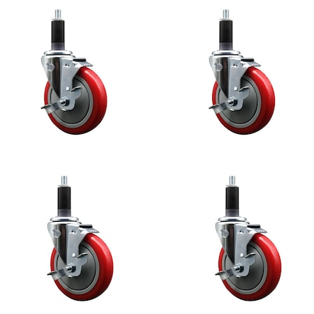 Service Caster 5'' Red Poly Swivel 1-1/8'' Expanding Stem Caster Set with Brake, 4PK SCC-EX20S514-PPUB-RED-TLB-118-4